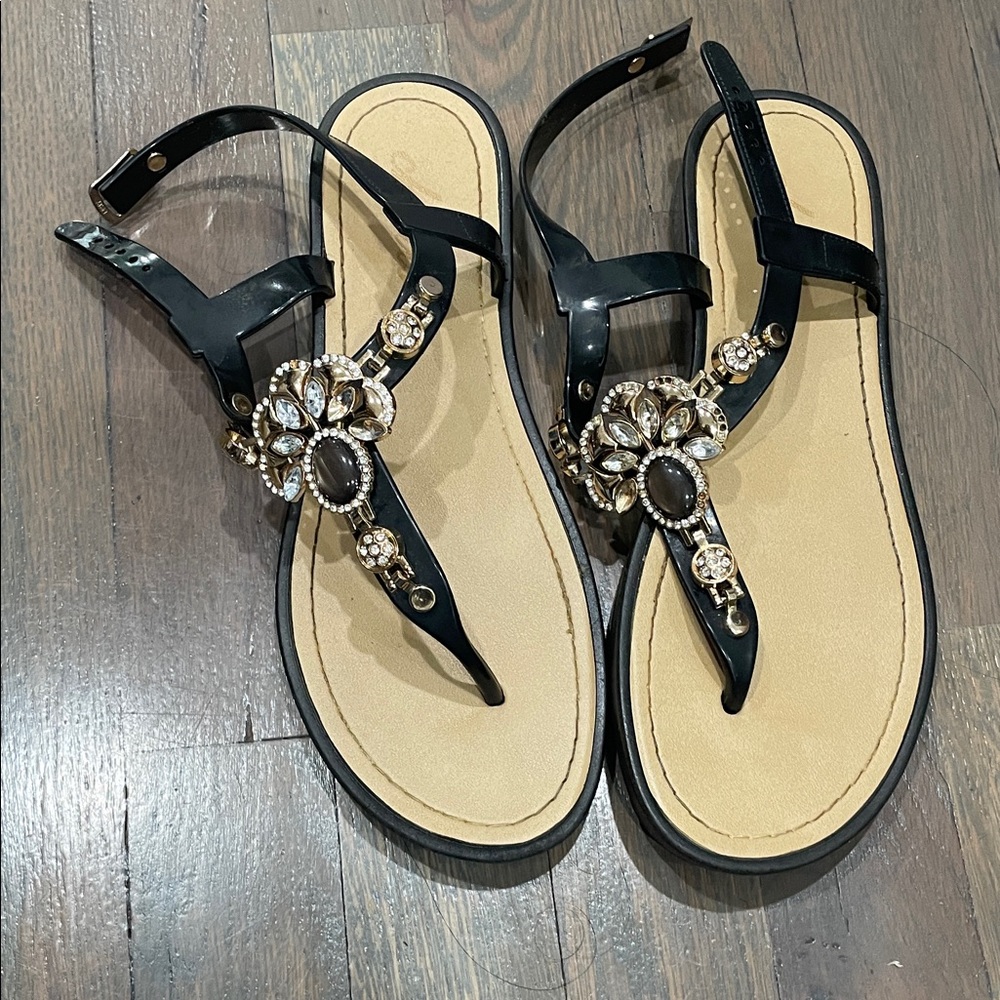 Black Sandals with Crystal Embellishments